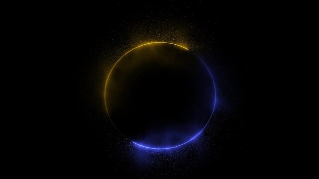 Minimal Glowing Animated Background Loop for Live Streams and Presentations, circle picture frame with two smokey glitter fiery tone neon color and isolated black background. 4k video.