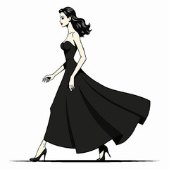 Fototapeta premium Elegant Woman in Noir-Inspired Black Strapless Gown Walking with Grace