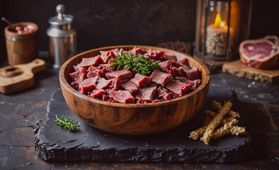 Bowl of meat with herbs and spices on a table. The bowl is full of meat and herbs, and there are some spices on the table