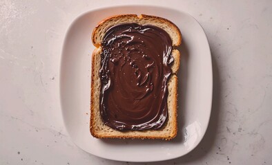 Slice of bread with chocolate spread on it. The chocolate is thick and the bread is toasted