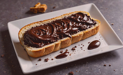 Chocolate covered bread is on a white plate. The plate is on a table. The bread is covered in chocolate and has a chocolate drizzle on it