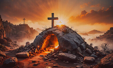 Cross is on top of a rock structure in a rocky area. The sun is shining on the cross, creating a warm and peaceful atmosphere