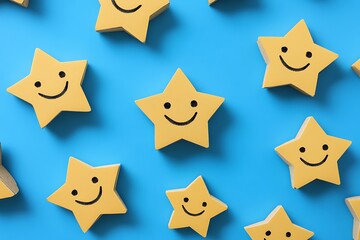 Cheerful Yellow Star Shapes with Happy Faces Patterned on Bright Blue Background