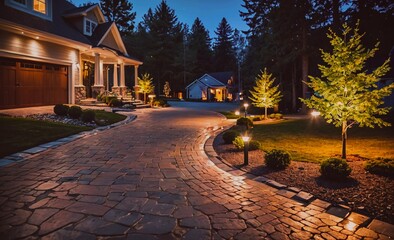 House with a driveway and walkway lit up at night. The walkway has lights on the trees and the driveway