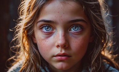 Young girl with blue eyes and red spots on her face. She is looking at the camera