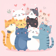 A joyful celebration of International Cat Day with smiling cartoon cats, hearts, and cheerful design in soft colors.
