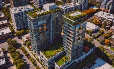 City view of two tall buildings with a green roof. The buildings are surrounded by trees and the sky is clear
