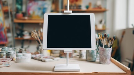 Naklejka premium White tablet on a stand in an art studio with paint brushes and shelves in the background on a table