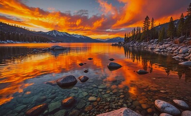 Beautiful lake with a sunset in the background. The water is calm and the sky is orange