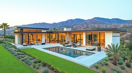 Fototapeta premium Modern luxury home with pool and mountain views