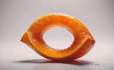 Peeled orange is cut in half and shaped into an oval. The orange is placed on a white background