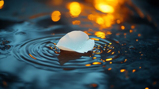A single white rose petal floating in a glowing city puddle, soft raindrops causing ripples