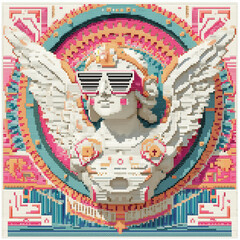 Retro-futuristic cherub with pixel wings wearing sunglasses in vibrant design  