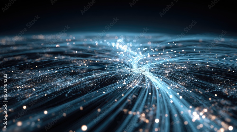 Poster glowing fiber optic network data stream with technology abstract, and blurred depth.