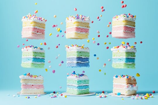 Delicious colorful layered cakes with sprinkles flying around on a bright blue background