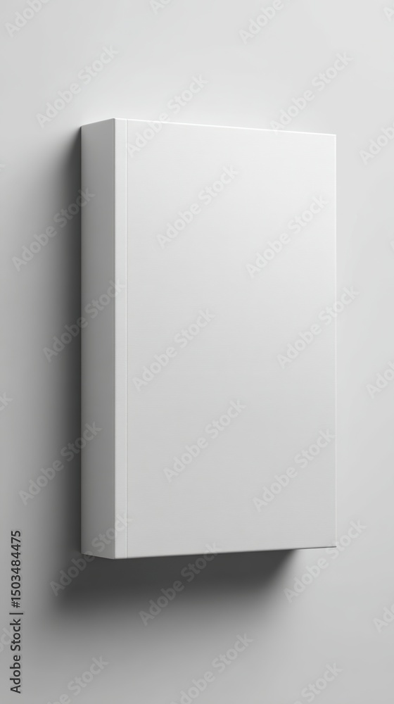 Poster a minimalist white box mounted on a white wall casting a soft shadow in a studio setting for product