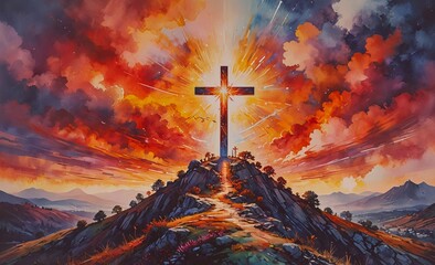 Painting of a cross on a mountain with a bright sun in the background. The painting has a warm, uplifting mood and conveys a sense of hope and faith