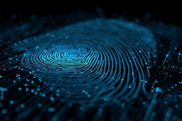 Detailed close up of a glowing blue fingerprint with digital lines and dots on a dark surface