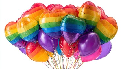 Rainbow Hearts Pride Balloons Celebration on White Backdrop Joyful event.