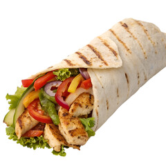 Grilled Chicken Wrap with Vegetables and Sauce Close-Up Isolated on White Background