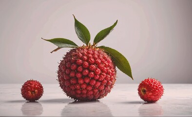 Red fruit with a leaf on top is placed on a table next to two other red fruits. Concept of abundance and freshness, as the fruits are ripe and ready to be eaten