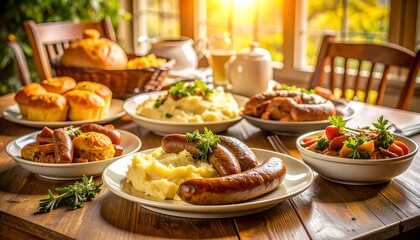 Fototapeta premium Traditional Sunday dinner featuring Bangers and Mash with Yorkshire pudding, roast vegetables, and gravy, set on a family dining table bathed in golden-hour sunlight, warm and inviting atmosphere.