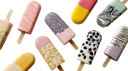 Colorful ice cream pops in various designs, isolated on a white background.