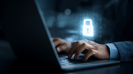 Cybersecurity protects login and secure internet access, Businessman secure data on laptop with encryption and network protection. Secure login and digital privacy, Business confidentiality