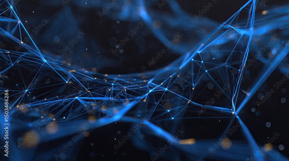 Poster abstract blue network connected data stream in digital space.