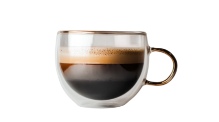 Espresso coffee in a clear glass cup, isolated on white background.