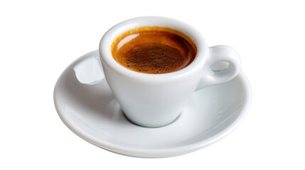 Espresso coffee in white cup on saucer, isolated on a white background.