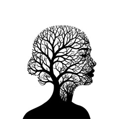 Symbolic Nature Portrait of a Tree Forming a Human Mind with a woman Bare tree face Solid silhouette