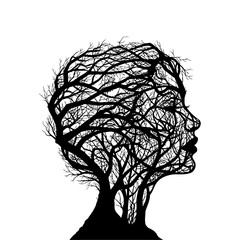 Human Head Profile Intertwined with Leafless Tree Design, bare tree face, woman silhouette vector illustration