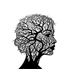 Artistic Tree Silhouette Shaped Like a Female Face, bare tree face woman silhouette, vector illustration
