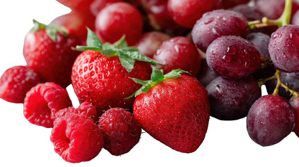 Fresh berries including strawberries, raspberries, and grapes with water droplets.