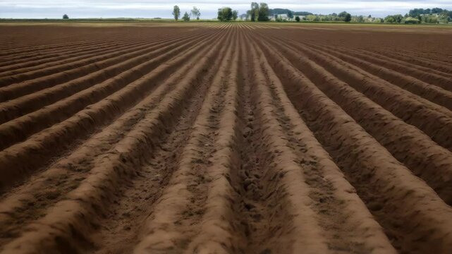 Close-up view of plowed soil rows with potatoes in a rural field ready for harvest season on cloudy day.