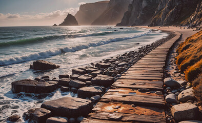 Beach with a wooden boardwalk and rocks. The beach is calm and peaceful. The rocks are scattered along the shoreline, and the water is calm. The scene is serene and relaxing