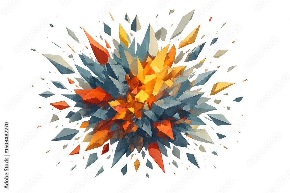 Poster colorful crystals exploding and expanding on a transparent background, creating a vibrant and dynami