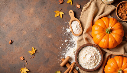 Fototapeta premium Autumn ingredients with pumpkins and flour on rustic background