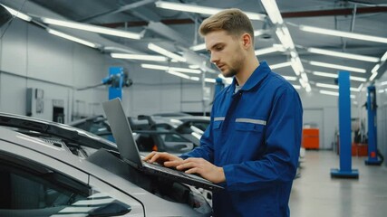 Young Caucasian man auto mechanic in blue uniform using laptop computer for diagnostics on a modern car in brightly lit garage workshop, demonstrating modern technology in vehicle repair, maintenance. - Powered by Adobe