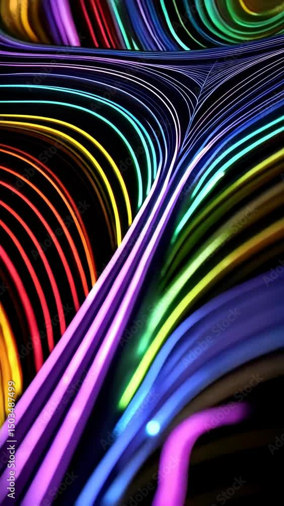 Poster abstract colorful neon glowing lines moving in a wave pattern, seamless looping motion graphics back