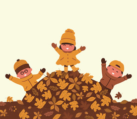 Autumn Kids. Children Playing Autumn Leaves around Pile of Fall leaves. Kids Have Fun Outside. Children in Autumn Clothes Dance. Happy Baby Girls Happy Baby Boys. Vector Illustration in Yellow, Brown