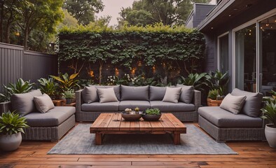 Patio with a wooden table and a couch with pillows. There are potted plants around the patio