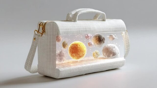 Cosmic Handbag: A 3D Render of a White Bag Containing Planets and Stars - Powered by Adobe