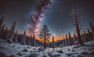 Beautiful night sky with a large, glowing cloud of milk. The sky is filled with stars and the Milky Way. The scene is peaceful and serene, with a sense of wonder and awe