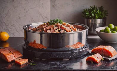 Bowl of food with a lot of fish in it. The bowl is on a counter with a lemon and a bunch of parsley