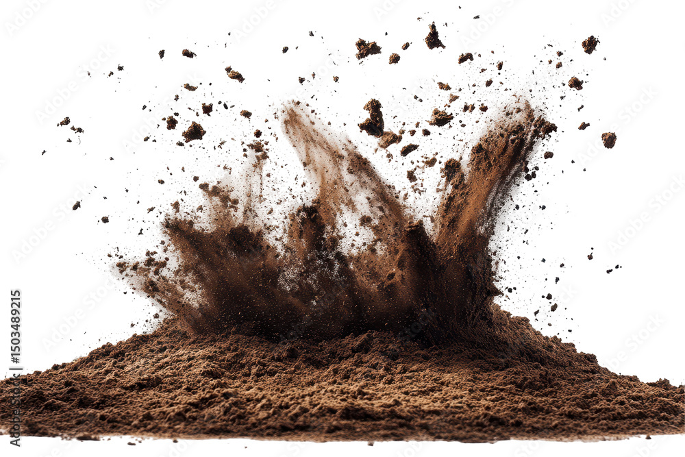 Leinwandbilder Brown liquid splashing against a surface with flying debris creating dynamic visual effects in a transparent background setting