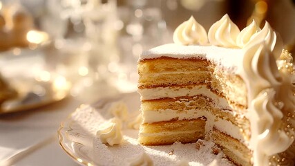 Sliced layered cake with cream frosting