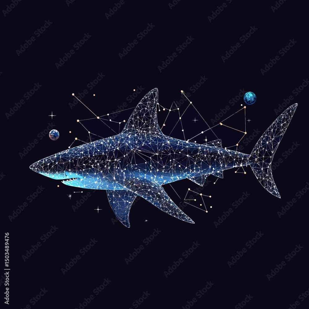 Poster abstract digital low poly shark with star constellation and planetary elements in dark cosmic backgr