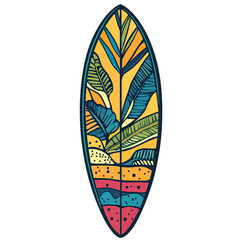 Colorful surfboard with tropical leaf patterns and abstract island design in flat minimalist vector style for summer beach and ocean sports theme